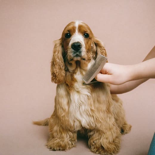 Hands combing out a cocker spaniel's coat